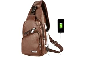 Men s Polyurethane Chest Bag PU Leather Crossbody with Headphone Cable Hole USB Charging Interface Waterproof Nylon Material 