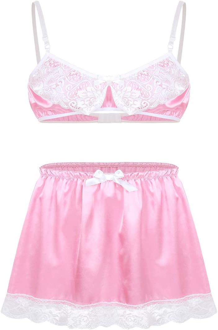 Men's 2 Pieces Sissy Satin Lingerie Set Lace Firlly Bra Top with A-line Skirt Girly Nightwear