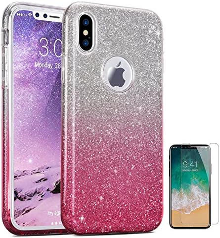 Iphone X Case Gradient Glitter Rose Gold &amp; Silver Sparkle Protective Bling Three Layer Shockproof Tpu Luxury Phone Case + Screen Protector Tempered Glass 5.8"(Rose Gold &amp; Silver)