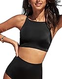 FlatterMe Women's Black High Neck Crop Top Swimsuit, Retro Tummy Control High Waist Bottom Sold Seperately
