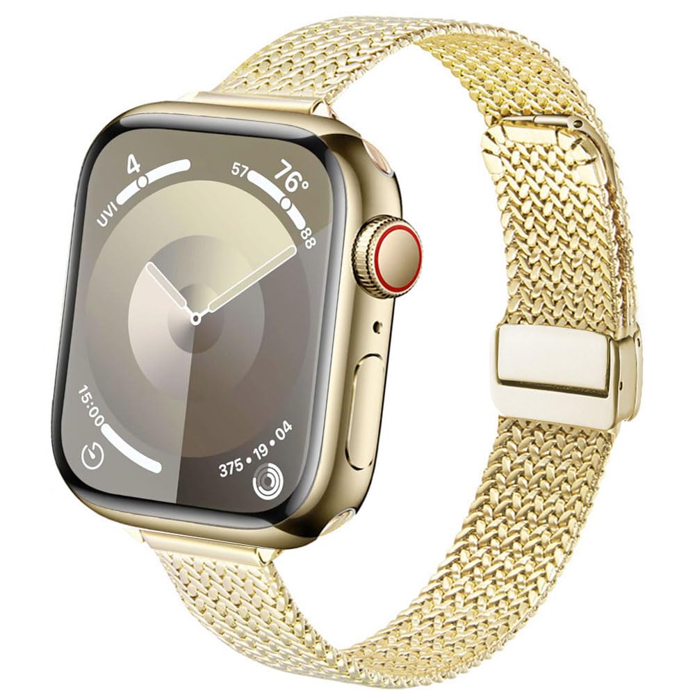 DEALELE Strap Compatible with Apple Watch 41mm 40mm 38mm, Stainless Steel Metal Milanese Mesh Replacement Bands for iWatch Series 9 / 8 / 7 / 6 / 5 / 4 / 3 / SE Women Men, Gold
