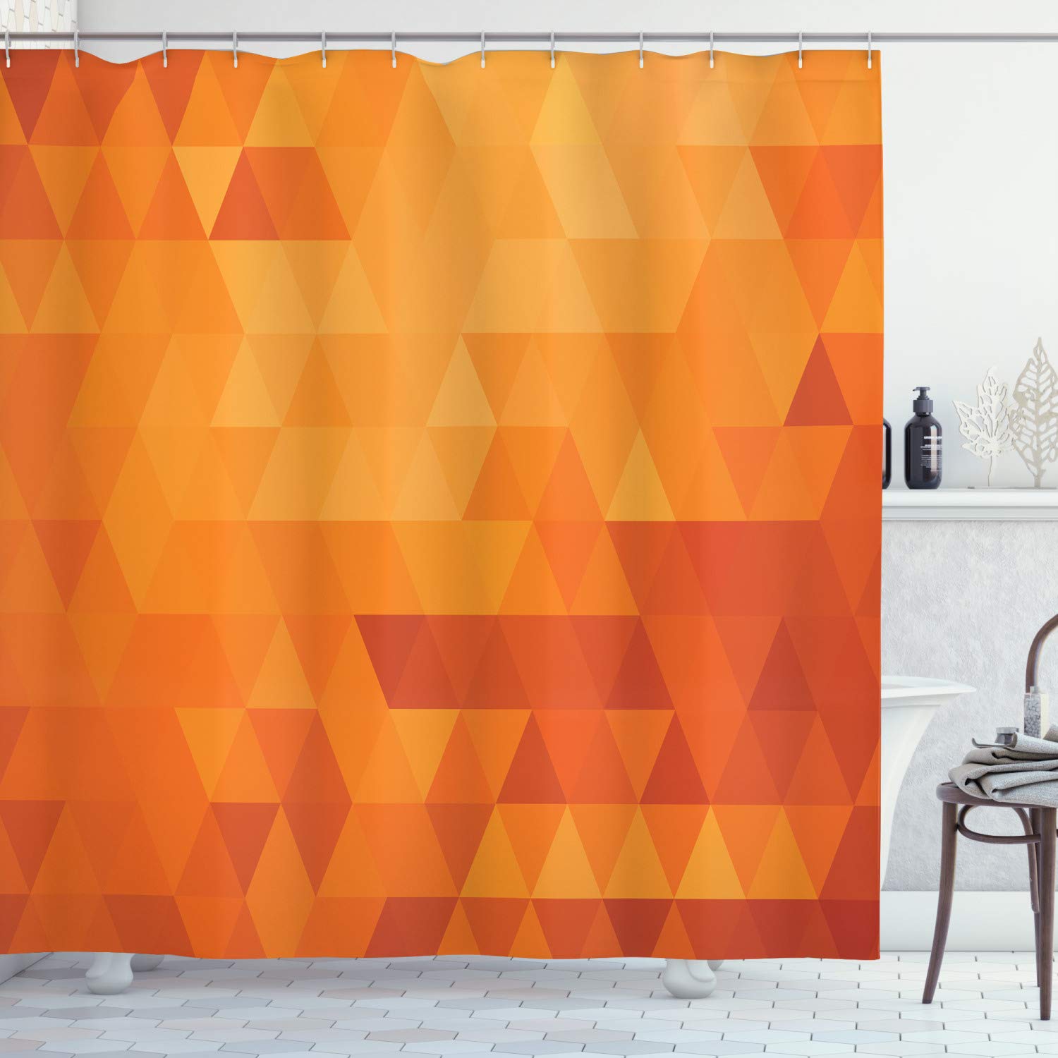ABAKUHAUS Orange Shower Curtain, Triangle Mosaic Shapes and Patterns with Abstract Digital Pixel Like Effect Print, Cloth Fabric Bathroom Decor Set with Hooks, 94 Inches, Burnt Orange