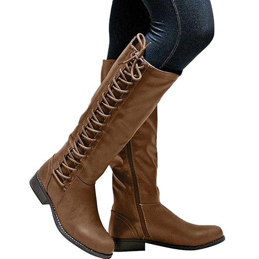 TianWlio Stiefel Damen Leder Reißverschluss Quadrat Ferse Hohe Stiefel Overknee Schuhe Runde Stiefel Black Khaiki Brown 35-43