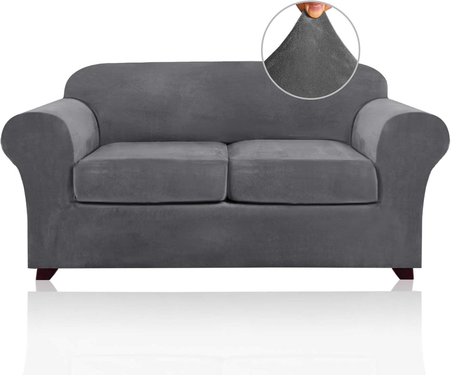 Slipcovers - 3 Pieces Sofa Covers Stretch Velvet Couch Covers for 2 Cushion Sofa Slipcovers Soft Sofa Slip Covers Furniture Covers with 2 Individual Seat Cushion Covers, Machine Washable (Medium, Grey)