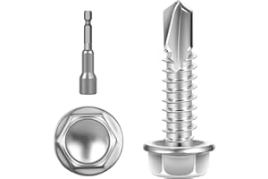 KVOHLUM #14 x 1 (100 PCS) Sheet Metal Screws, Hex Washer Head Self Drilling Screw, 410 Stainless Steel Flanged Fast Self Tapping Screws, Hex Bit Socket Included