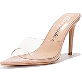 Cape Robbin Women's Clear Heels Sandals | 3.75 Inch Stiletto Open Toe | PU Leather Memory Foam Insole & Cork Heel | Pointed Toe Dressy Mules (Melrose.a)