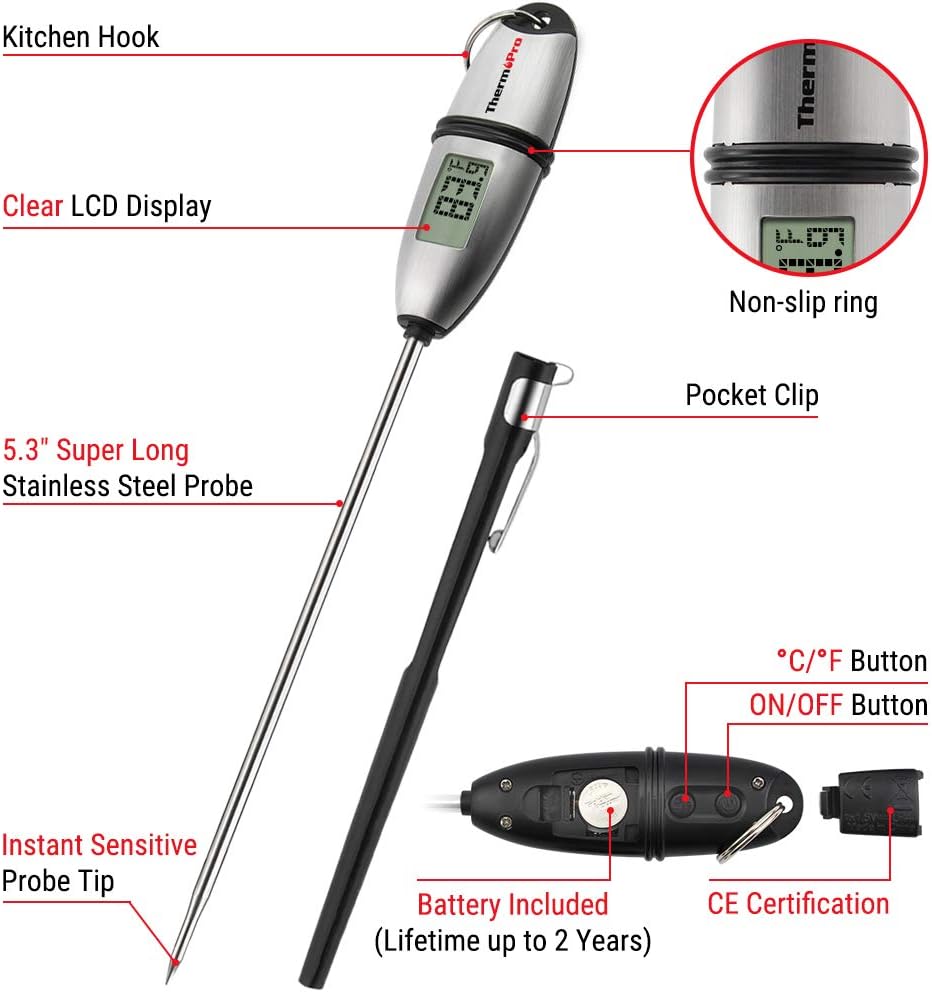 ThermoPro TP-02S Instant Read Meat Thermometer Digital Cooking Food Thermometer with Super Long Probe for Grill Candy Kitchen BBQ Smoker Oven Oil Milk Yogurt Temperature: Kitchen & Dining