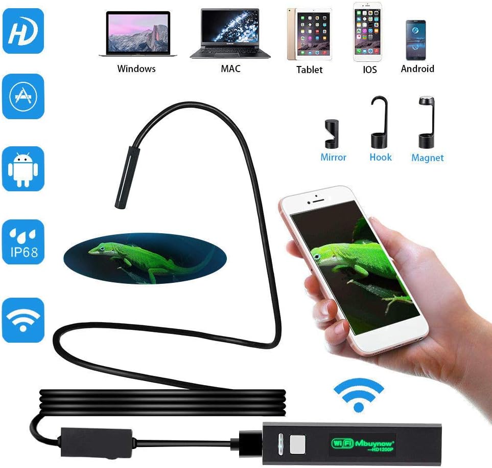 TONGTONG 1200P HD Wifi Endoscope Borescope Inspection 8 LED Snake Camera Waterproof 16.5FT