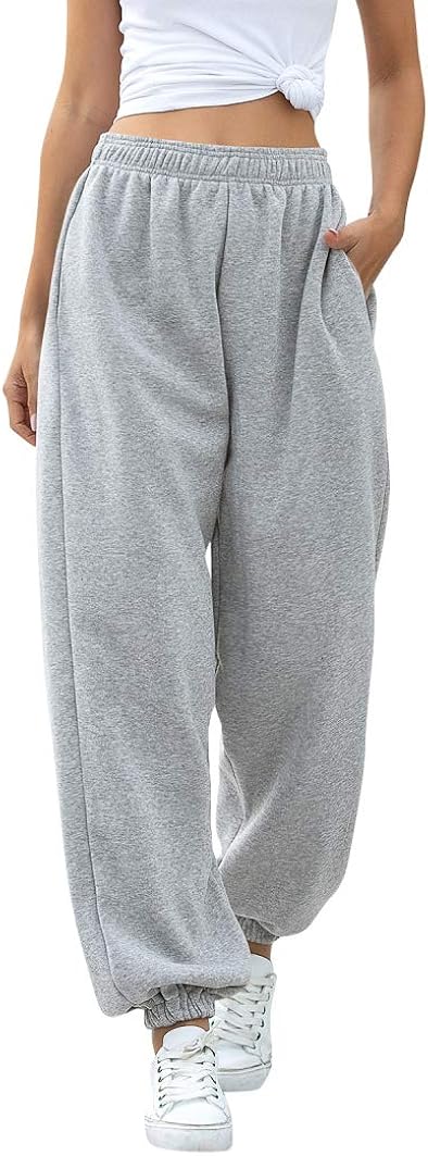 Meladyan Women's Solid Baggy Joggers Sweatpants Elastic High Waist Active Pants with Two Pockets: Clothing