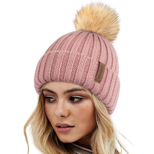 FURTALK Womens Winter Knitted Beanie Hat with Faux Fur Pom Warm