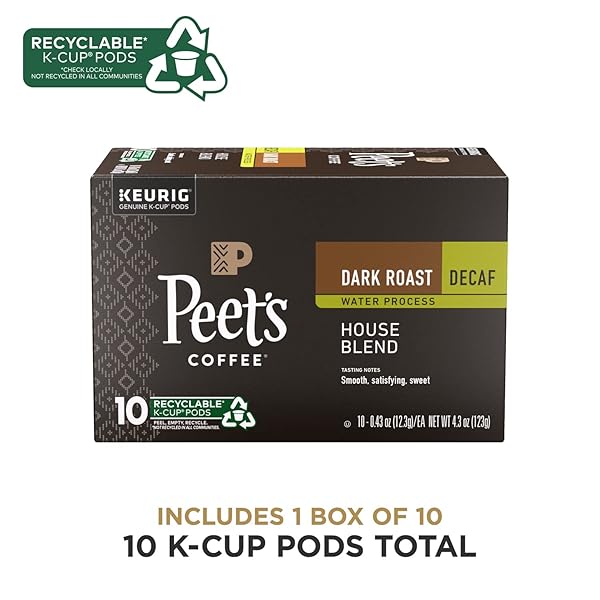 PEET’S COFFEE, DARK ROAST DECAFFEINATED COFFEE K-CUP PODS FOR KEURIG BREWERS – DECAF HOUSE BLEND 10 COUNT (1 BOX OF 10 K-CUP PODS) PACKAGING MAY VARY
