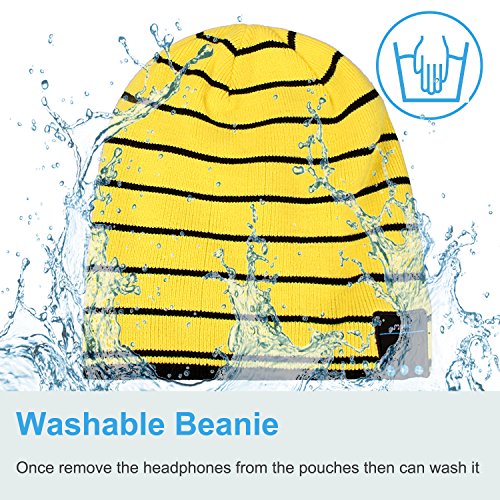 Bluetooth Hat,Qshell Trendy Warm Soft Knit Slouchy Music Beanie Skully Cap with Wireless Bluetooth Headphone Headset Earphone Hands-free Phone Call for Winter Sports Fitness Casual Activities - Yellow