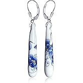 HAIXIAN Blue and white porcelain Enamel Flower Drop Earrings for Women,Porcelain Floral Statement Dangle Earrings,Platinum Plated Sterling Silver Hooks