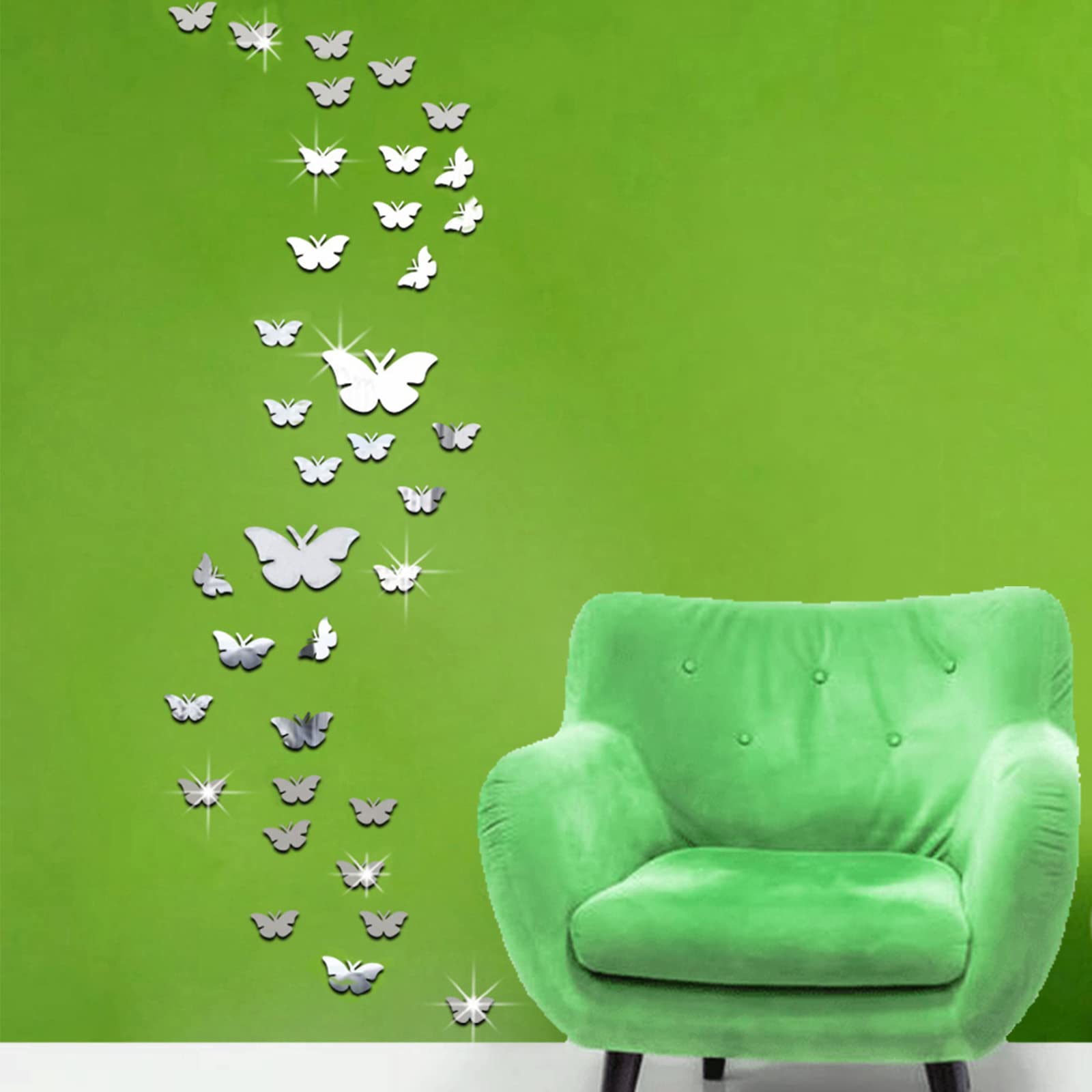 Butterfly Mirror Wall Stickers, 36pcs Acrylic 3D Wall Art Stickers Mirror Stickers for Living Room Bedroom Office B Style Cute (Silver)