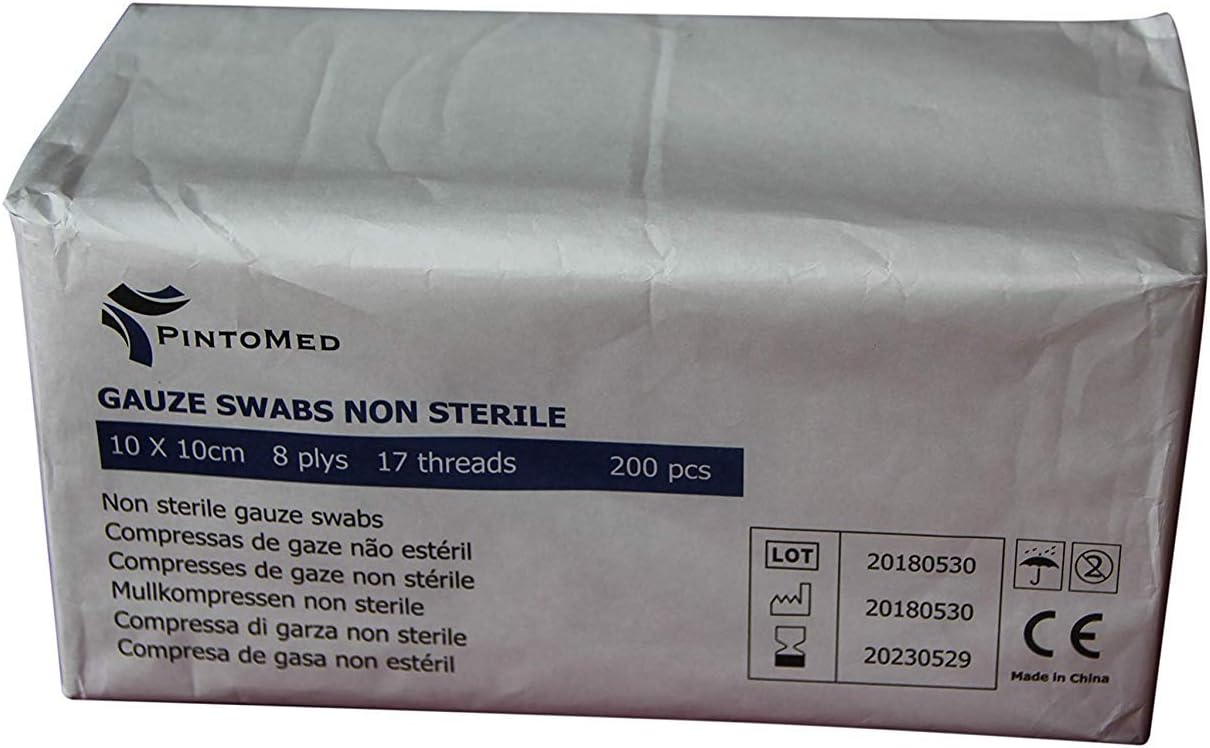 PintoMed - Gauze Swabs Soft Wound Care, Absorvent, First Aid 17 Threads Non Sterile 10cm X 10cm 8Ply 200Pcs