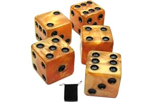 CYBER-DEALS Set of (5) 16mm Dice Marbleized Standard Square Cornered with Black Velvet Cloth Pouch Bag (Gold)
