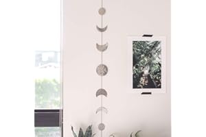 BASE ROOTS Moon Phase Wall Decor Wall Hanging Handmade 7 Phases Moon Wall Decor Hammered Metal 34" Garland Boho Wall Decor Bedroom Headboard, Living Area for Women & Kids, Aesthetic Celestial Wall Art (Silver)