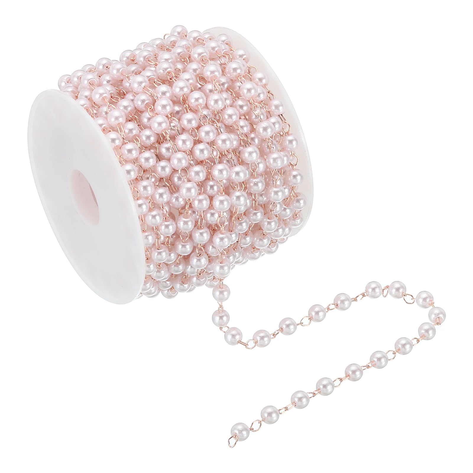PATIKIL 5m/16 Feet Faux Pearl Beading Chain with Spool, 4mm Brass Chain Link for Decoration Making DIY Accessories Style 1, Rose Gold