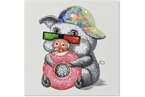 JAPO ART - 100% Hand Painted Oil Painting Funny Animal with Stretched Frame Wall Art for Living Room Ready to Hang (Adorable Pig Eats Doughnut, 24 x 24 Inch)