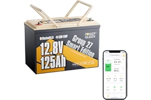 Power Queen LiFePO4 12.8V 125Ah Bluetooth Battery, Group 27 Size &1600Wh Energy, Deep Cycle Lithium Battery with Low-Temp Cut