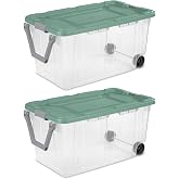 160 Quart Wheeled Stacker Tote, Extra Large Durable Clear Bin, Latch Lid and Pull Handle, 2 Count (Clear/Green)