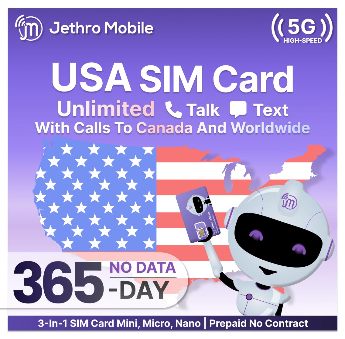 Jethro Mobile Phone Plan | Unlimited Talk & Text Only | No Contract | 3-in-1 Prepaid SIM Card (12 Months)