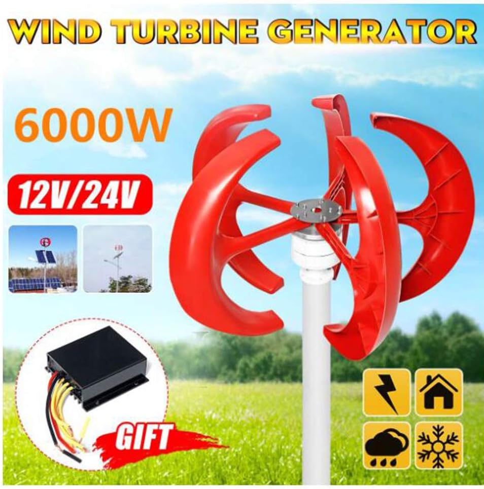 SISHUINIANHUA 6000W 5 Blades Vertical Axi Wind Turbines Generator Lantern 12V 24V Motor Kit Electromagnetic for Home Streetlight Use,24v