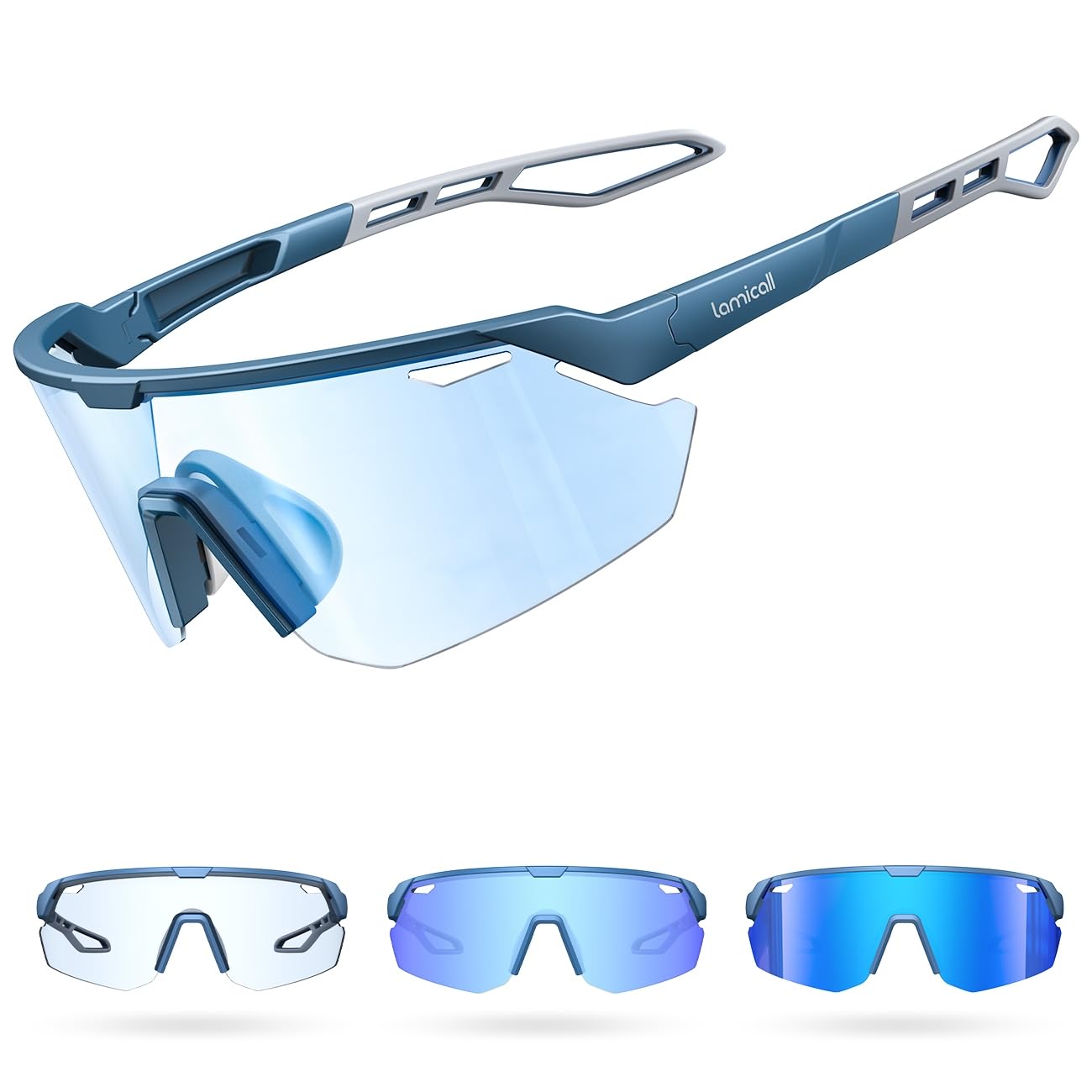 Photo 1 of Lamicall Photochromic Sports Sunglasses for Men Women, UV400 Protection Sun Glasses for Day & Night Driving Cycling Running Baseball Fishing Golf, Blue
