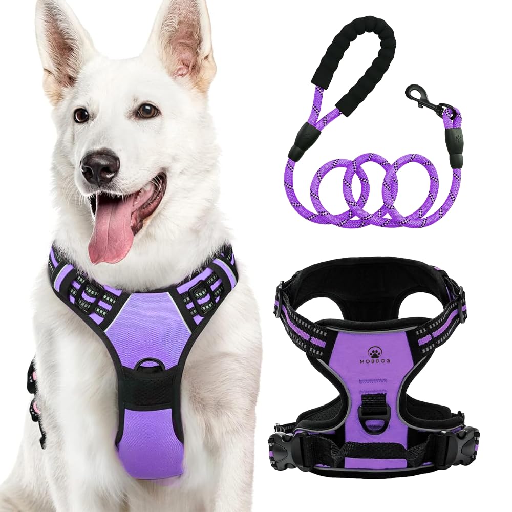 MobDog Purple No Pull Dog Harness with 5ft Leash - Reflective Vest for Medium, Small, Large Dogs
