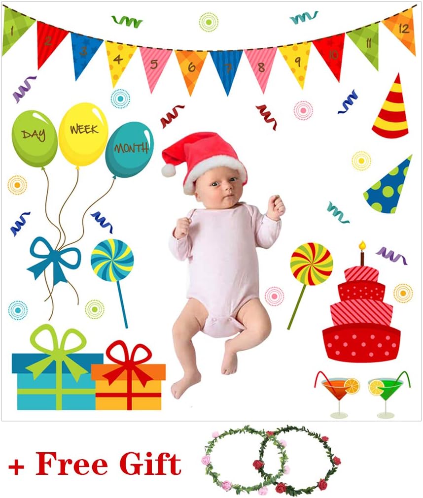 Kicpot Milestone Baby Blanket Soft and Warm Baby Tapestry with Free 2pcs Garlands Weekly Or Monthly Newborn Photography Props Animal Theme Reuseable Blanket for Baby Shower Gift 47x47in (Baby Girls)