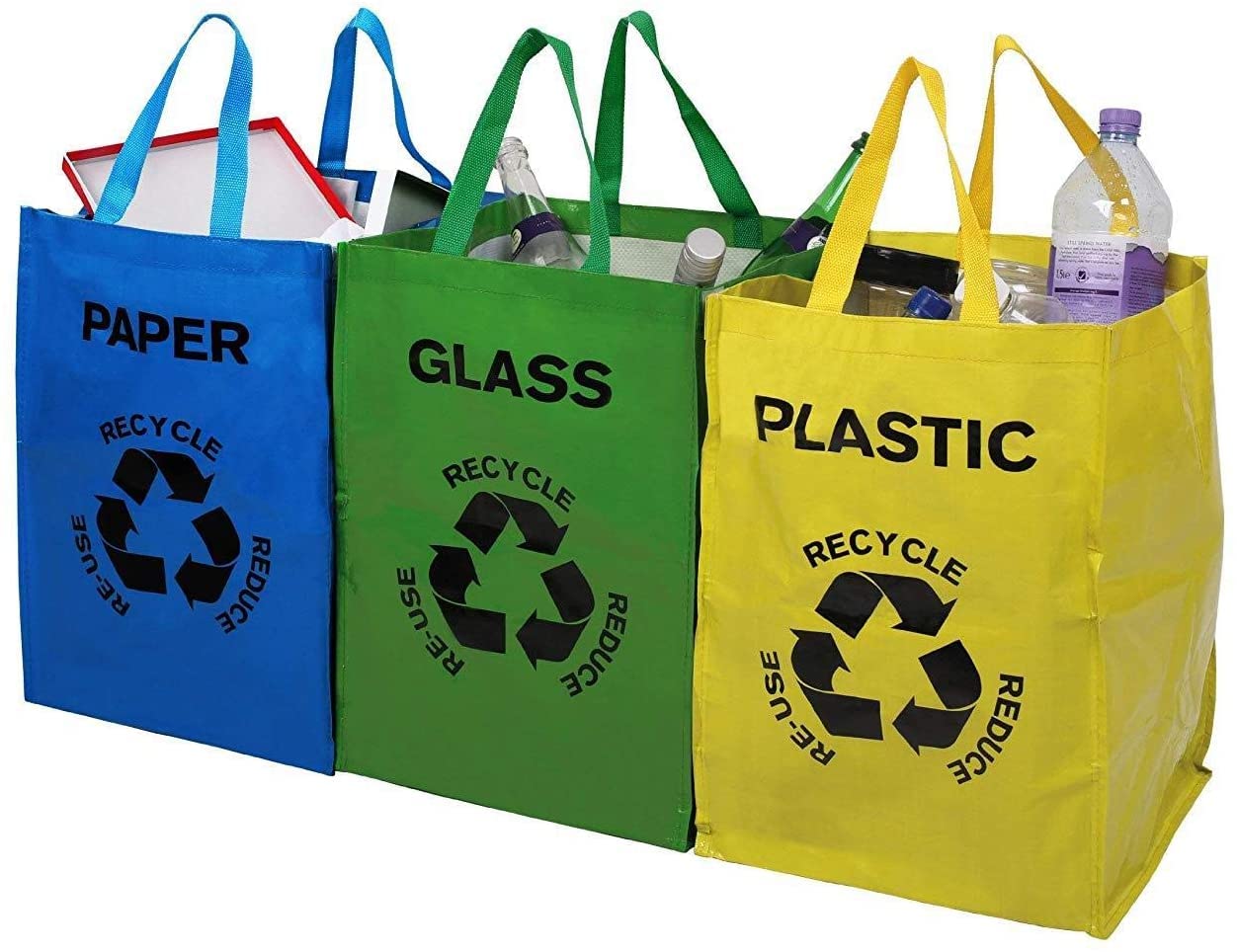 MantraRaj Recycling Bags PACK 3 Heavy Duty Colour Coded Reusable Paper Plastic Glass Waste Bin Sack Sorting With Strong Handles Separate Your Household Waste | Recycling Organizer for Home Office Work
