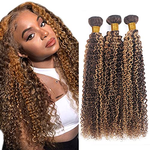 Highlight Kinky Curly Humanhaarbündel Brasileño Remy Human Hair Bundles Piano Color P4/27 Honey Blonde Bundle Double Weft Bundle für Frauen 24 26 28 Zoll