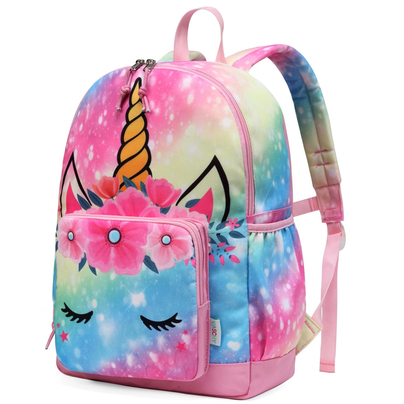 VASCHY Girls Backpack, 13L Kids Backpack Water Resistant School Bag 4-6 Years Toddler Rucksack Children's Backpack with Elastic Water Bottle Pockets for Elementary School(Rainbow Unicorn)