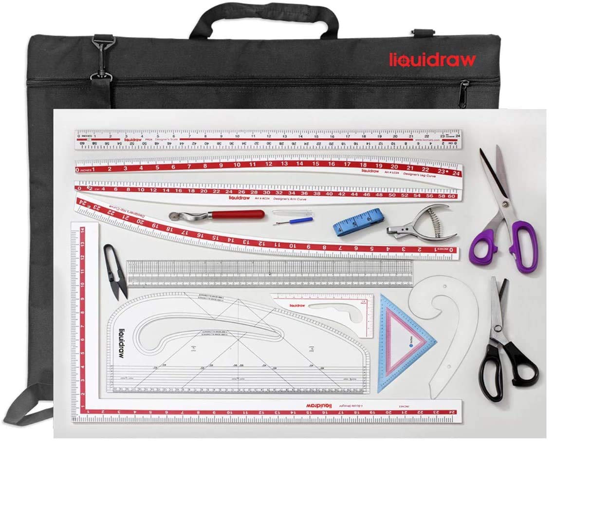 Liquidraw Fashion Design Tailoring Kit - Set of 16 with Bag | Pattern Maker, Tracing Wheel, Seam Ripper, Thread Cutter, Measuring Tape, Pattern Notcher, 2 x Fabric Cutting Scissors & Straight Scale