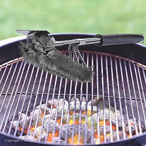 Ofargo Grill Brush and Scraper, Heavy Duty 3-in-1 Stainless Steel Woven Wire Bristles BBQ Cleaner Brush with Strength Clips for Cleaning Weber, Traeger, Char Broil, Kamado Grill Grates (18’’ Handle)