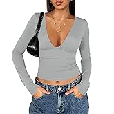 Tankaneo Women's Deep V Neck T Shirts Sexy Long Sleeve Casual Going Out Cropped Tops Slim Fitted Y2K Outfits