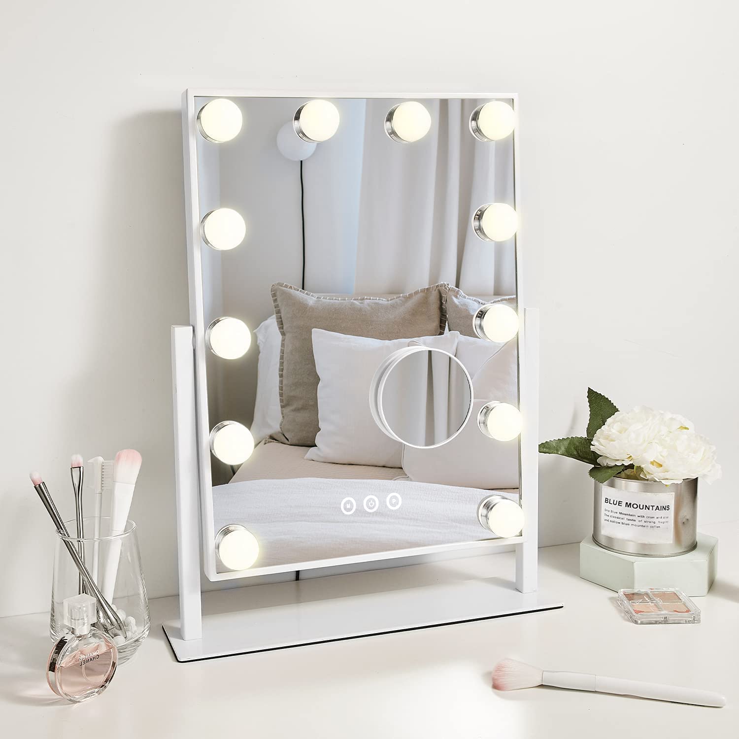 Vanity Mirror with Lights,Lighted Vanity Mirror with 12 Dimmable Bulbs for Dressing Room & Bedroom,3 Color Lighting,Modes Detachable 10x Magnification 360°Ratation