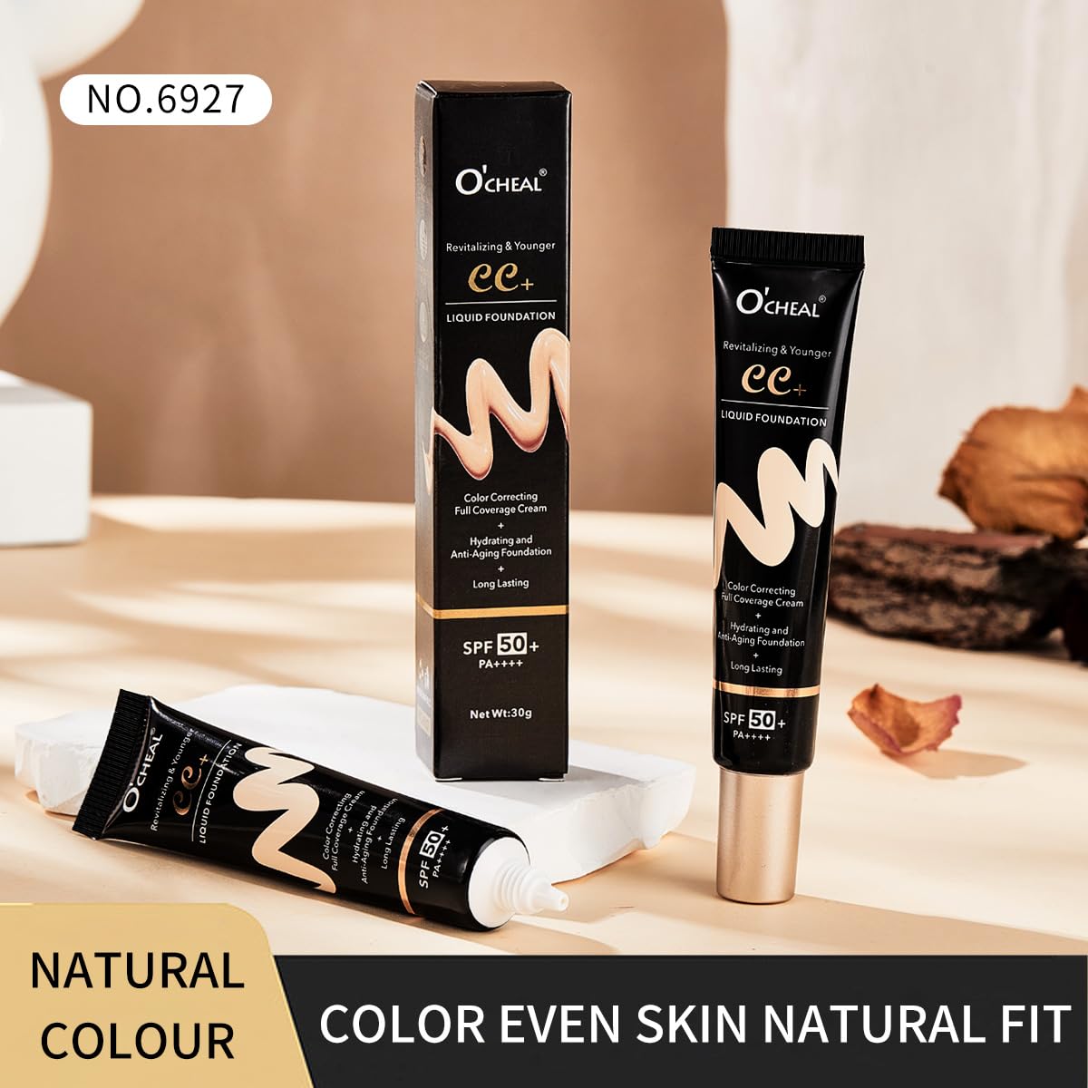 O'CHEAL CC Cream with SPF 50+, Hydrating Color Correcting Cream Full Coverage Lightweight Powder Foundation, Waterproof Long Lasting Pre-makeup Primer Facial Concealer Refine Skin Texture (Natural)