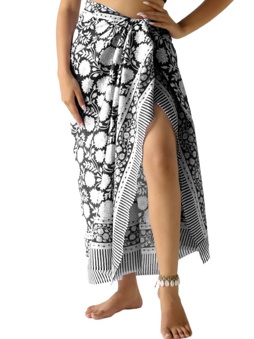 Photo 1 of 100% Cotton Sarong Coverup for Women Indian Hand Block Print Swimsuit Pareo Wrap Skirt Beach Bikini Cover Up Long (73" x 43")
