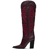 VOMIRA Cowboy Boots for Women Pointed Toe Chunky High Heels Butterfly Cowgirl Boots Wide Calf Knee High Boots Bridal Wedding Western Boots