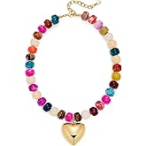 CLASSYZINT Colorful Chunky Beaded Necklace with Gold Puff Heart Pendant Statement Necklace for Women
