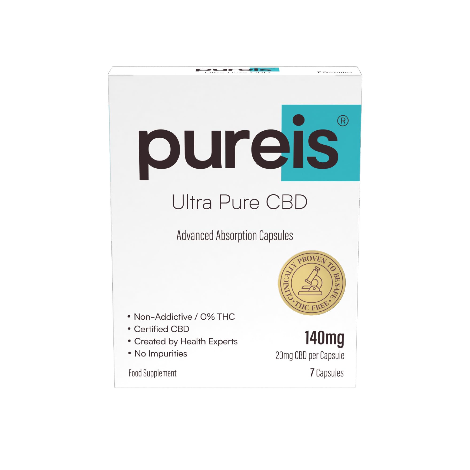 Pureis CBD Capsules, Ultra Pure, Advanced Absorption - CBD Supplement Fast Absorption - 20mg - 0% THC, Non-Addictive, Vegan, Gluten-Free - 7 Capsules