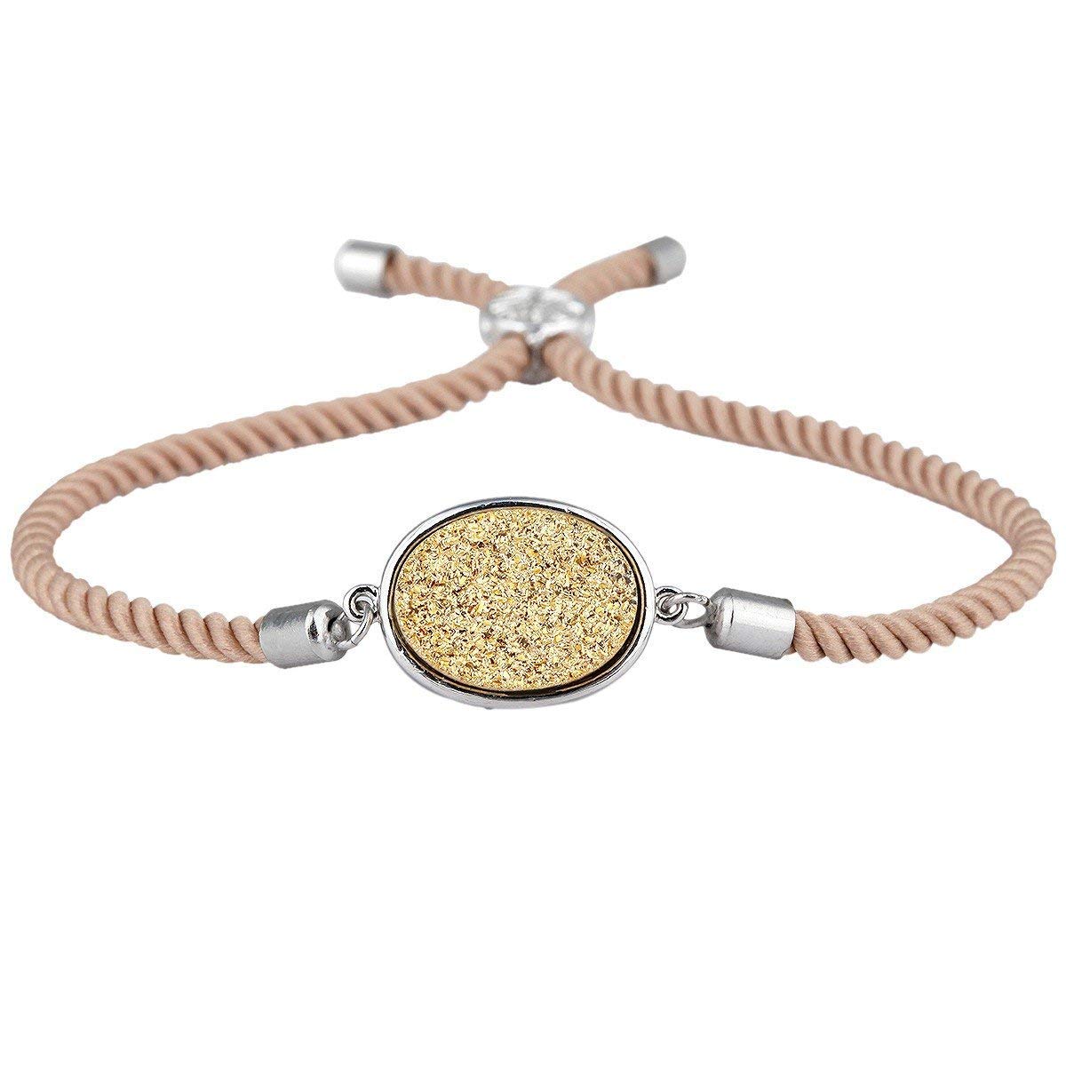 mookaitedecor Adjustable Braided Friendship Bracelet for Men Women,Titanium Coated Crystal Druzy Handmade Rope Bracelet,Khaki & Gold