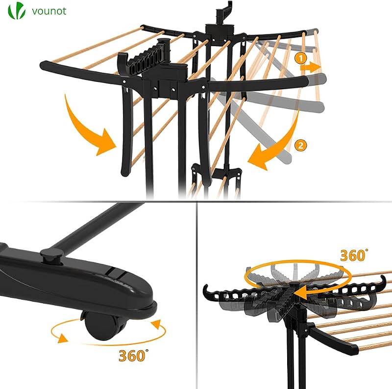 ® Tendedero Vertical Tipo Torre, Tendedores de Ropa Plegable, Estantes de Secado Ropa de Metal con 6 Alas Plegables y 4 Ruedas, Aspecto de Madera, 3 Niveles