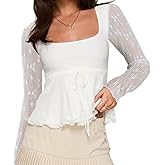 Women Lace Long Sleeve Going Out Tops Square Neck Y2k Flowy Ruffle Babydoll Shirt