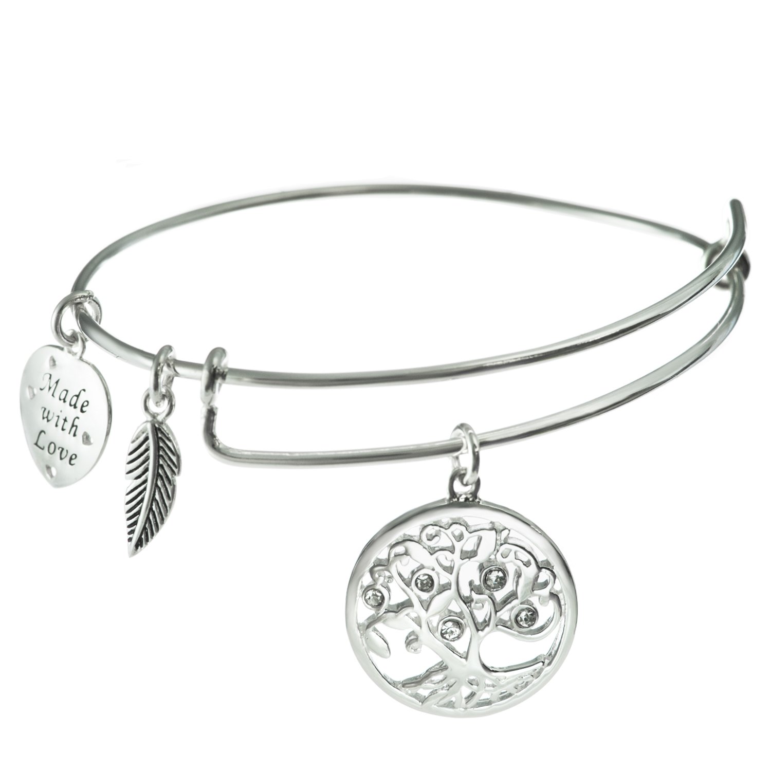 Qina C Sterling Silver Clear Rhinestone Family Tree Heart Leaf Charm Adjustable Wire Bangle Bracelet