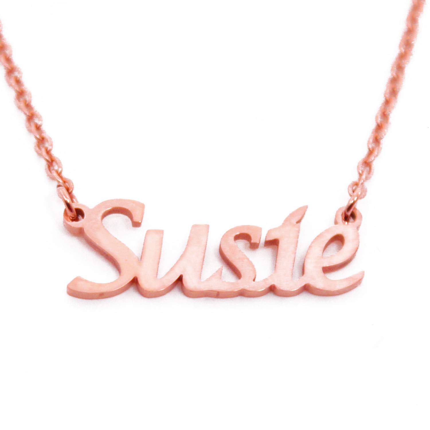 Kigu Susie Name Necklace Personalised 18ct Rose Gold Plated, Custom Dainty Name Pendants, Jewellery for Ladies, Girlfriend, Mother, Sister, Friends Inc Bag & Box