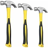 3 Piece Claw Hammer Set (20 oz, 16 oz, 8 oz) &ndash; Fiberglass Handle, Anti-Slip Grip, Polished Steel Head &ndash; Framing, Carpentry &amp; Home Improvement Tools