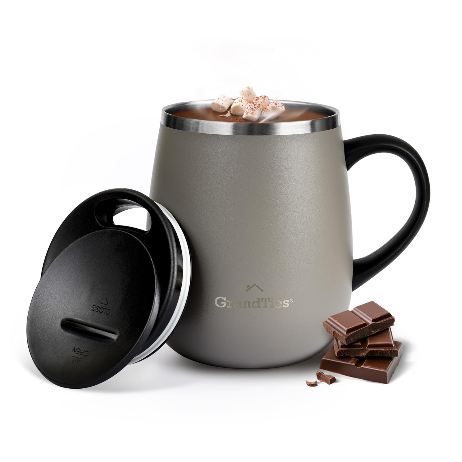 GRANDTIES Geïsoleerde koffiemok met handvat - schuifdeksel voor spatwaterdicht 16 oz wijnglas vorm thermische beker met dubbelwandige vacuüm roestvrij Staal om dranken Warm of koud