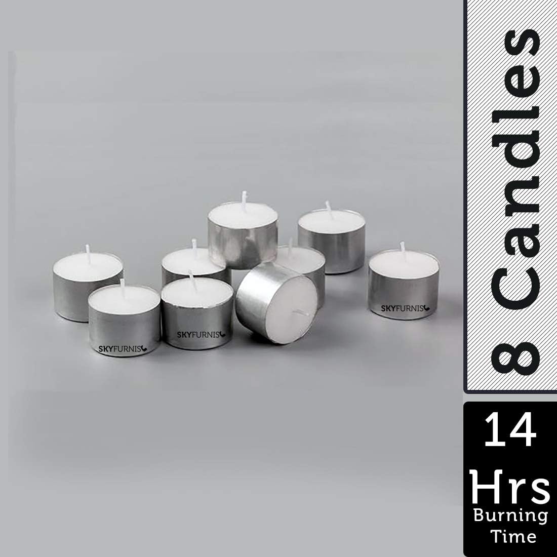 SKYFURNISH 8 Tea Light Candles, Unscented, 14 Hour Long Burning Candle